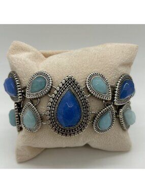 Modernist Teardrop Bracelet Boho Silver-Tone Chunky Blue Glass Southwestern